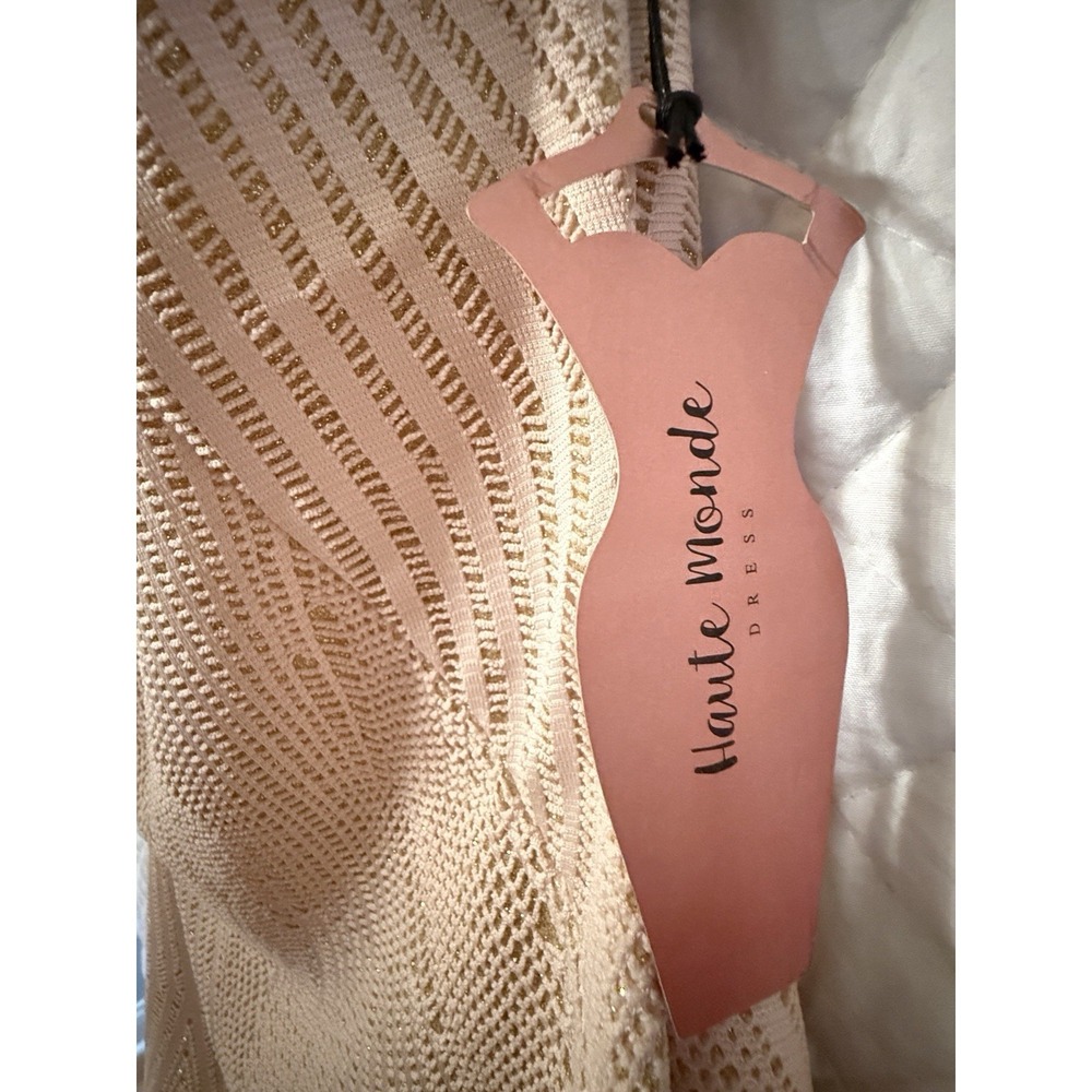 NWT Haute Monde Geometric Nude Gold Metallic Bodycon Dress Size L Art Deco Style - Picture 2 of 16
